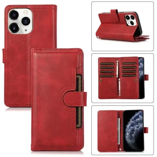 Funda para Teléfono iPhone 11 Pro Max Cuero con Ranura para Tarjeta y Pulsera (Rojo)