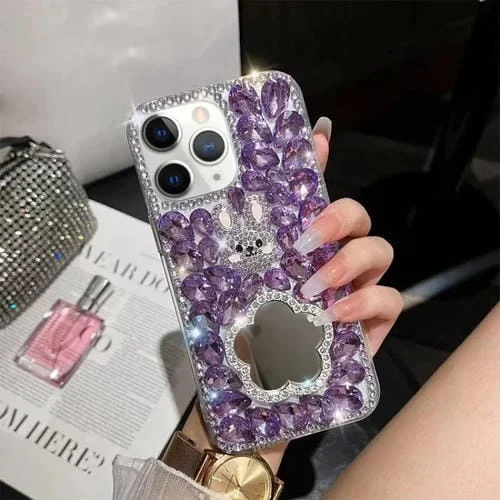 Funda para Teléfono iPhone 11 Pro Max Diamond Mirror Bunny Hecha a Mano para PC (Espejo de Flor Púrpura)