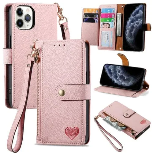 Funda para teléfono iPhone 11 Pro Max Love Zipper Lanyard Cuero (Rosa)
