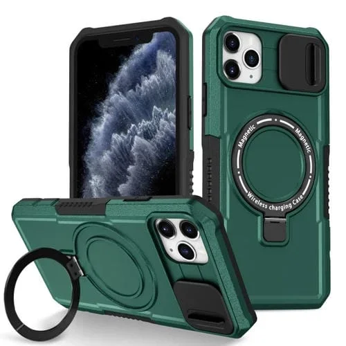 Funda para teléfono iPhone 11 Pro Max Sliding Camshield Magsafe Holder TPU Hybrid PC (Verde Oscuro)