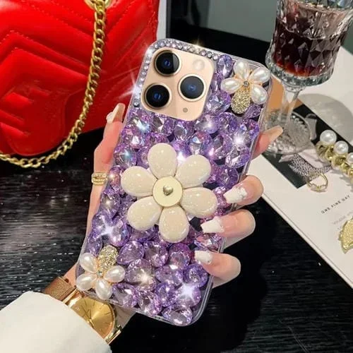 Funda para Teléfono iPhone 11 Pro Max Soporte Girasol PC Diamantes Colocados a Mano (Púrpura)