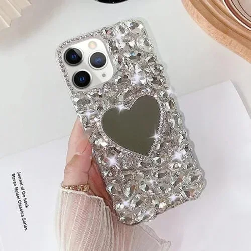 Funda para Teléfono iPhone 11 Pro Mirror Hecha a Mano con Diamantes de Imitación para PC (Gris Plateado)