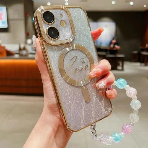 Funda para Teléfono iPhone 11 TPU Magsafe con Pulseras Brillo Degradado y Hojas de Amor Dual (Dorado)