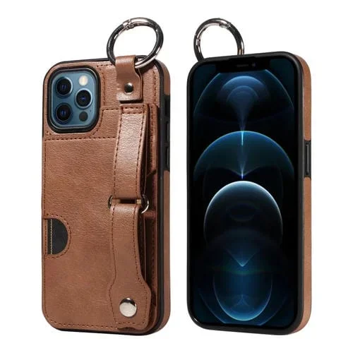 Funda para Teléfono iPhone 12/12 Pro con Anillo y Ranura para Tarjeta Textura de Pantorrilla (Marrón)