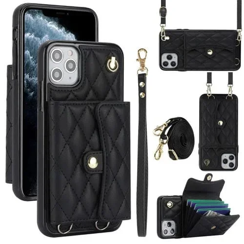 Funda para Teléfono iPhone 12/12 Pro Cuero con Billetera Horizontal Romboidal Cruzada (Negro)