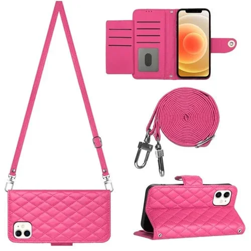 Funda para Teléfono iPhone 12/12 Pro Cuero con Tapa Textura Rómbica y Cordón Largo (Rojo Rosa)