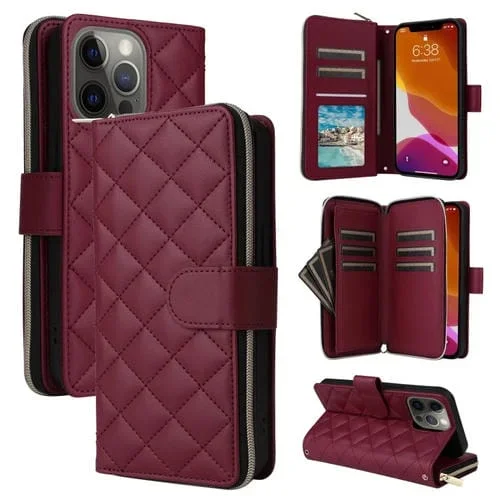Funda para Teléfono iPhone 12/12 Pro Cuero Hebilla Torre Cremallera Rómbica Cruzada Cordón (Rojo Vino)