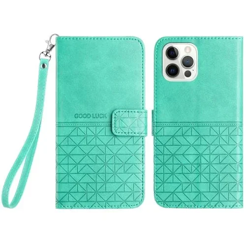 Funda para Teléfono iPhone 12/12 Pro Cuero Textura Rómbica con Cordón (Verde)