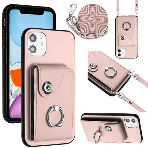 Funda para Teléfono iPhone 12 Mini con Soporte para Anillo y Bolsa para Tarjeta con Cordón Largo (Rosa)