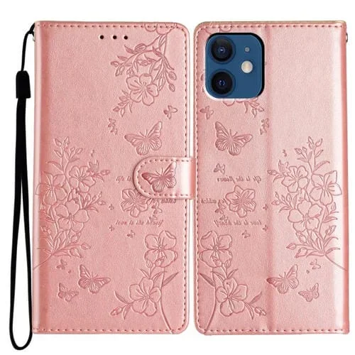 Funda para Teléfono iPhone 12 Mini Cuero Relieve Flor de Amor y Mariposa (Oro Rosa)