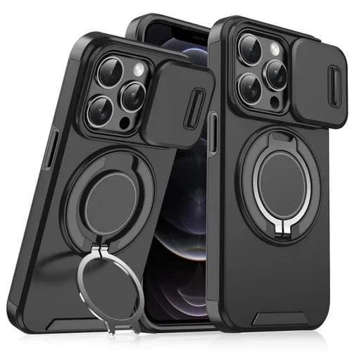 Funda para Teléfono iPhone 12 Pro con Soporte para Anillo de Leva Deslizante (Negro)