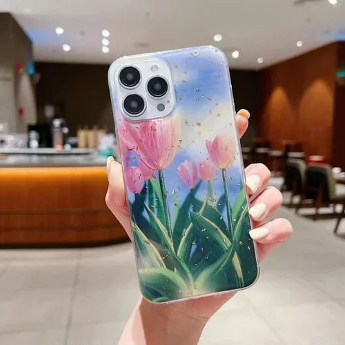 Funda para Teléfono iPhone 12 Pro Gold Foil Pintura al Óleo Epoxi TPU (Tulipanes Rosados5)