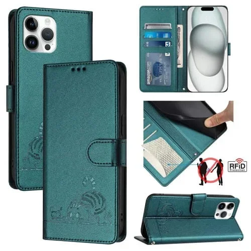 Funda para Teléfono iPhone 12 Pro Max Cat Rat Cuero Rfid Patrón En Relieve y Cordón (Verde Pavo Real)