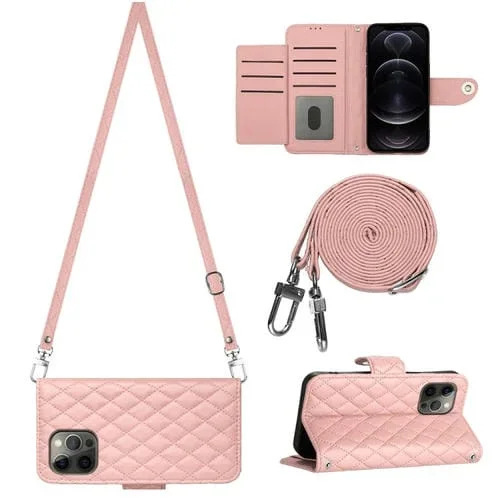 Funda para Teléfono iPhone 12 Pro Max con Tapa de Cuero Textura Rómbica y Cordón Largo (Rosa Coral)