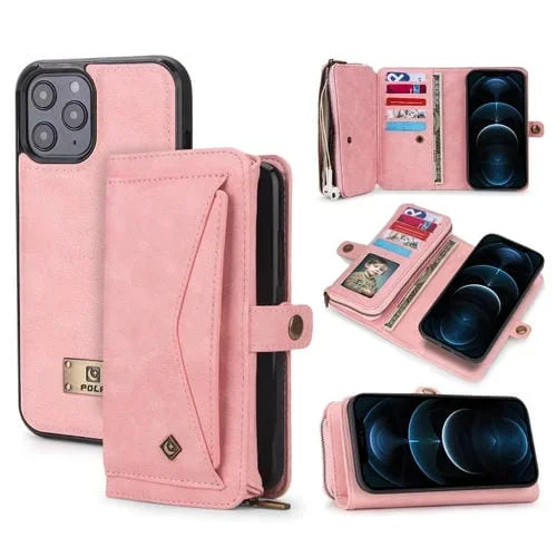 Funda para Teléfono iPhone 12 Pro Max Cuero con Billetera y Cremallera Multifuncional (Rosa)