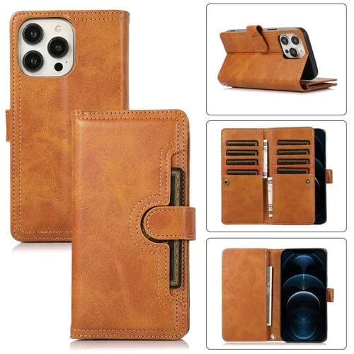 Funda para Teléfono iPhone 12 Pro Max Cuero con Ranura para Tarjeta y Pulsera (Marrón)