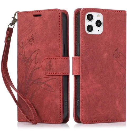 Funda para Teléfono iPhone 12 Pro Max Cuero con Relieve Mariposa Orquídea (Rojo)