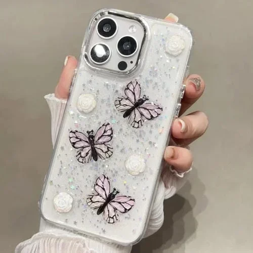 Funda para Teléfono iPhone 12 Pro Max Glitter 3D Butterfly TPU (Rosa)