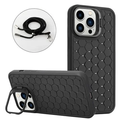 Funda para Teléfono iPhone 12 Pro Max Honeycomb Radiating Lens Holder Magsafe con Cordón (Negro)