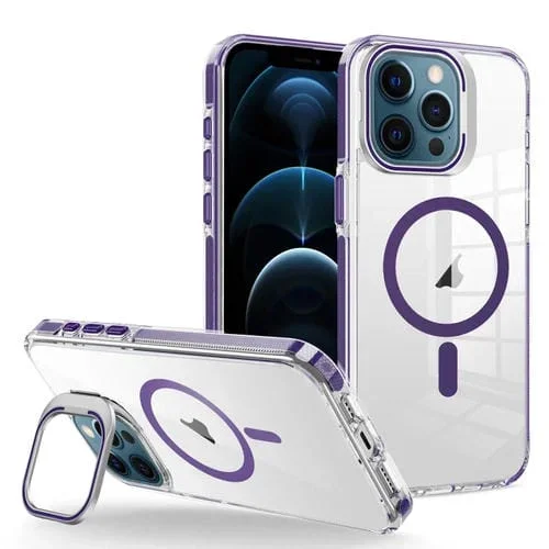Funda para teléfono iPhone 12 Pro Max J2 con soporte de marco magnético Magsafe de alta transparencia (Púrpura Oscuro)