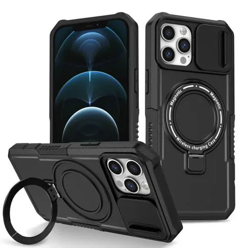Funda para teléfono iPhone 12 Pro Sliding Camshield Magsafe Holder TPU Hybrid (Negro)