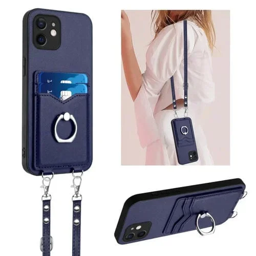 Funda para Teléfono iPhone 12 R20 con Soporte para Tarjeta y Anillo de Cuerda Cruzada (Azul)