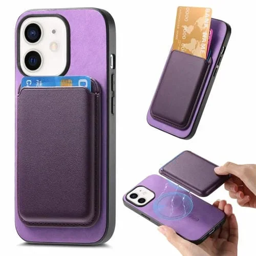 Funda para Teléfono iPhone 12 Retro Magsafe Card Bag Pu con Contraportada (Púrpura)