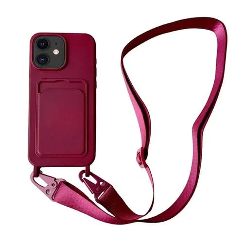 Funda para teléfono iPhone 12 silicona líquida con ranura para tarjeta y cordón (Rojo Vino)