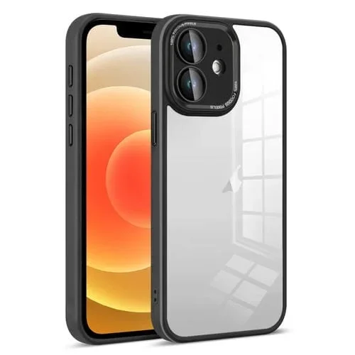 Funda para Teléfono iPhone 12 Transparente con Película Protectora de Lente Armadura Colorida (Negro)