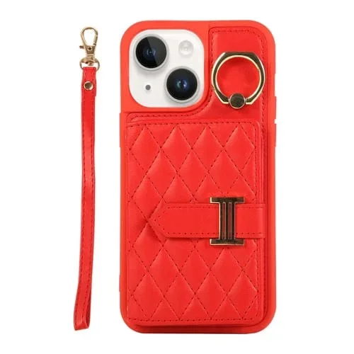 Funda para Teléfono iPhone 13 Bolsa de Tarjeta Horizontal con Soporte de Anillo y Cordón Doble (Rojo)
