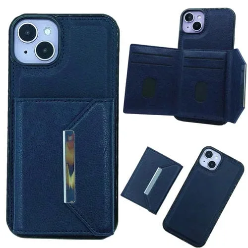 Funda para Teléfono iPhone 13 con Bolsa y Ranuras para Tarjetas con Hebilla de Metal (Azul)