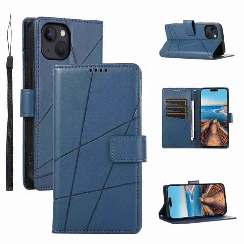 Funda para teléfono iPhone 13 con línea en relieve y textura de cuero genuino PU (Azul)