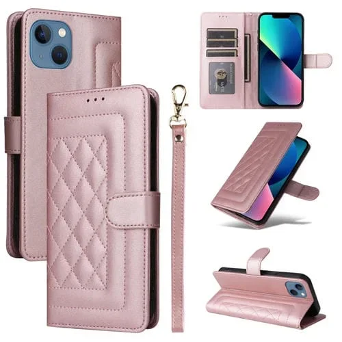 Funda para Teléfono iPhone 13 con Tapa de Cuero Diamond Lattice (Oro Rosa)
