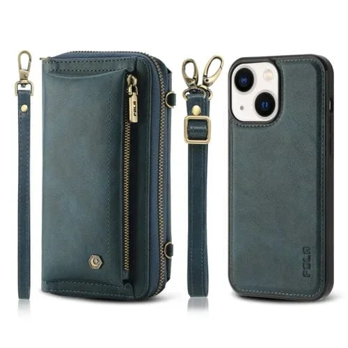 Funda para Teléfono iPhone 13 Cuero con Billetera y Cremallera Multifuncional Cruzada (Verde)