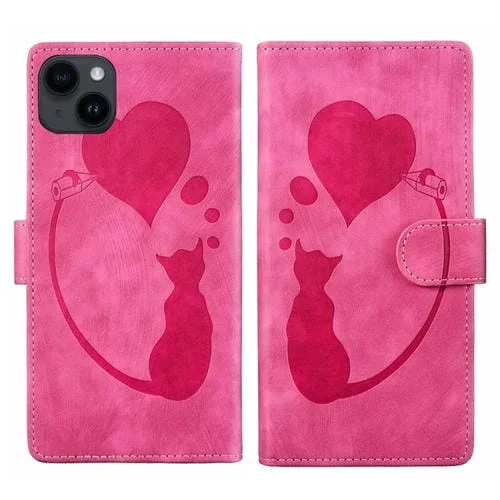 Funda para Teléfono iPhone 13 Cuero Relieve Gato y Corazón (Rosa)