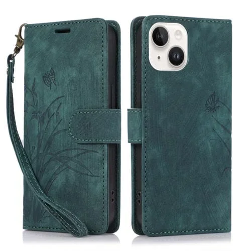 Funda para Teléfono iPhone 13 Cuero Relieve Mariposa Orquídea (Verde)
