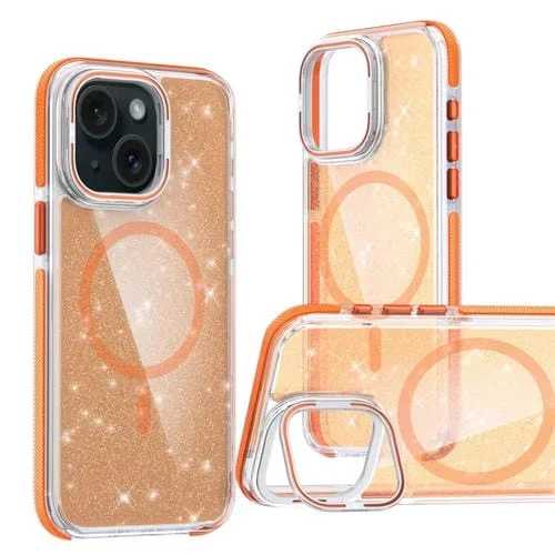 Funda para Teléfono iPhone 13 Magsafe con Soporte para Lentes y Purpurina Dos Colores (Naranja)