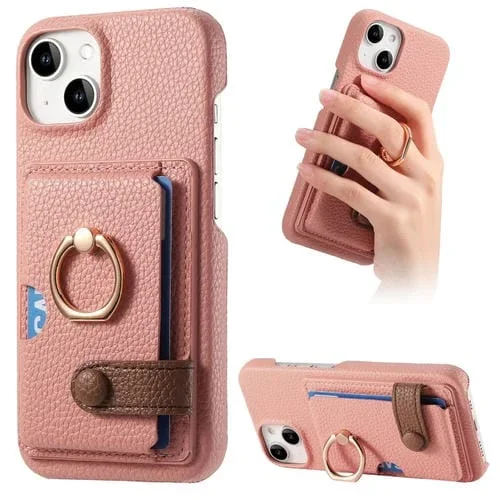 Funda para Teléfono iPhone 13 Mini Borde de Aceite Cuero Litchi Anillo Trasero y Tarjeta (Rosa)