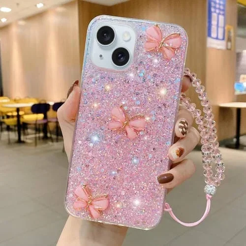 Funda para teléfono iPhone 13 Mini TPU Epoxi Mariposa de Jade Lentejuelas Estrelladas con Correa (Rosa)