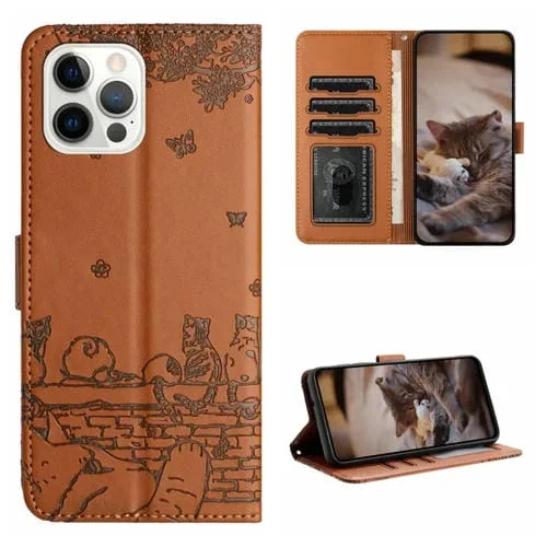Funda para Teléfono iPhone 13 Pro Cat Relieve Patrón Cuero con Cordón (Marrón)