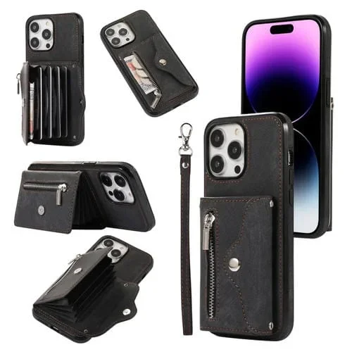 Funda para Teléfono iPhone 13 Pro con Ranura para Tarjeta Rfid Cremallera y Cordón Corto (Negro)