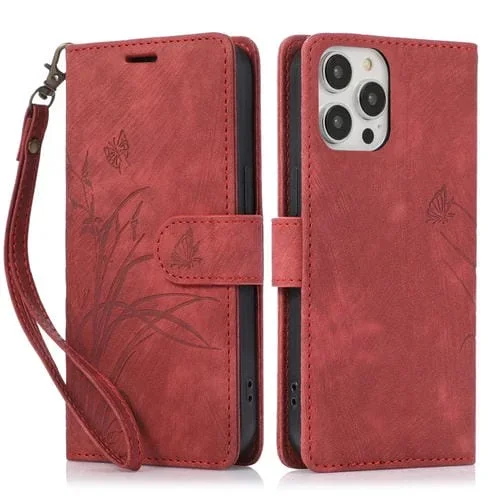 Funda para Teléfono iPhone 13 Pro Cuero con Relieve Mariposa Orquídea (Rojo)