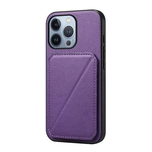 Funda para Teléfono iPhone 13 Pro D04 con Ranura para Tarjeta Dual y Textura de Becerro (Púrpura)