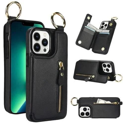 Funda para Teléfono iPhone 13 Pro Litchi Texture Cremallera Doble Hebilla con Bolsa para Tarjetas (Negro)