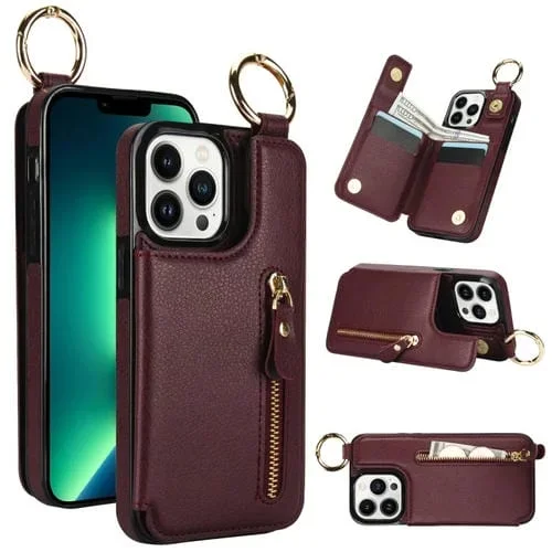 Funda para teléfono iPhone 13 Pro Litchi Texture Zipper con bolsa para tarjetas y doble hebilla (Rojo Granate)