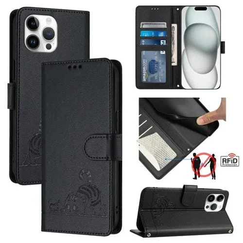 Funda para Teléfono iPhone 13 Pro Max Cat Rat Patrón en Relieve RFID PU con Correa para la Muñeca (Negro)