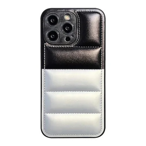 Funda para Teléfono iPhone 13 Pro Max Chaqueta de Plumón con Bloques de Color (Negro Plateado)