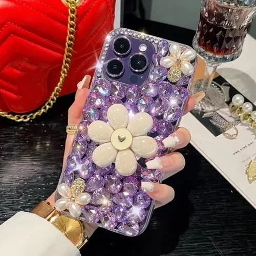 Funda para Teléfono iPhone 13 Pro Max con Soporte de Girasol y PC con Diamantes Colocados a Mano (Púrpura)