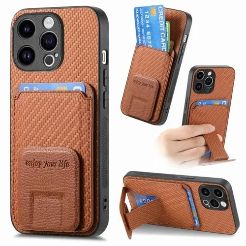Funda para Teléfono iPhone 13 Pro Max con Soporte Plegable y Bolsa para Tarjetas de Fibra de Carbono (Marrón)