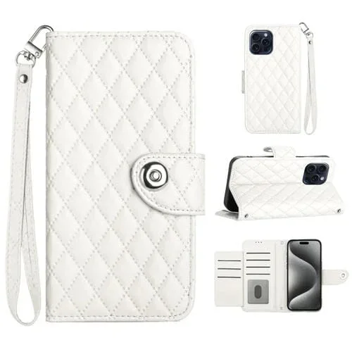 Funda para Teléfono iPhone 13 Pro Max con Tapa de Cuero Textura Rómbica y Cordón (Blanco)